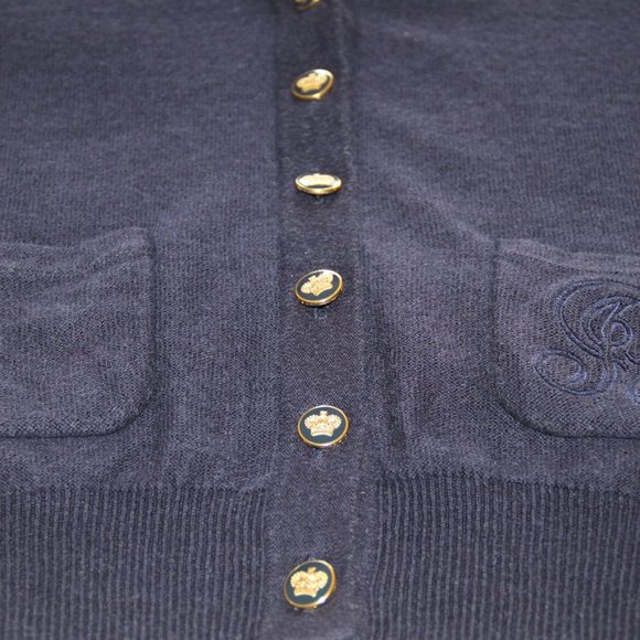 JUICY COUTURE Navy Blue Cotton Cashmere Cardigan Sweater Crown Button Front Sz S - Picture 4 of 8